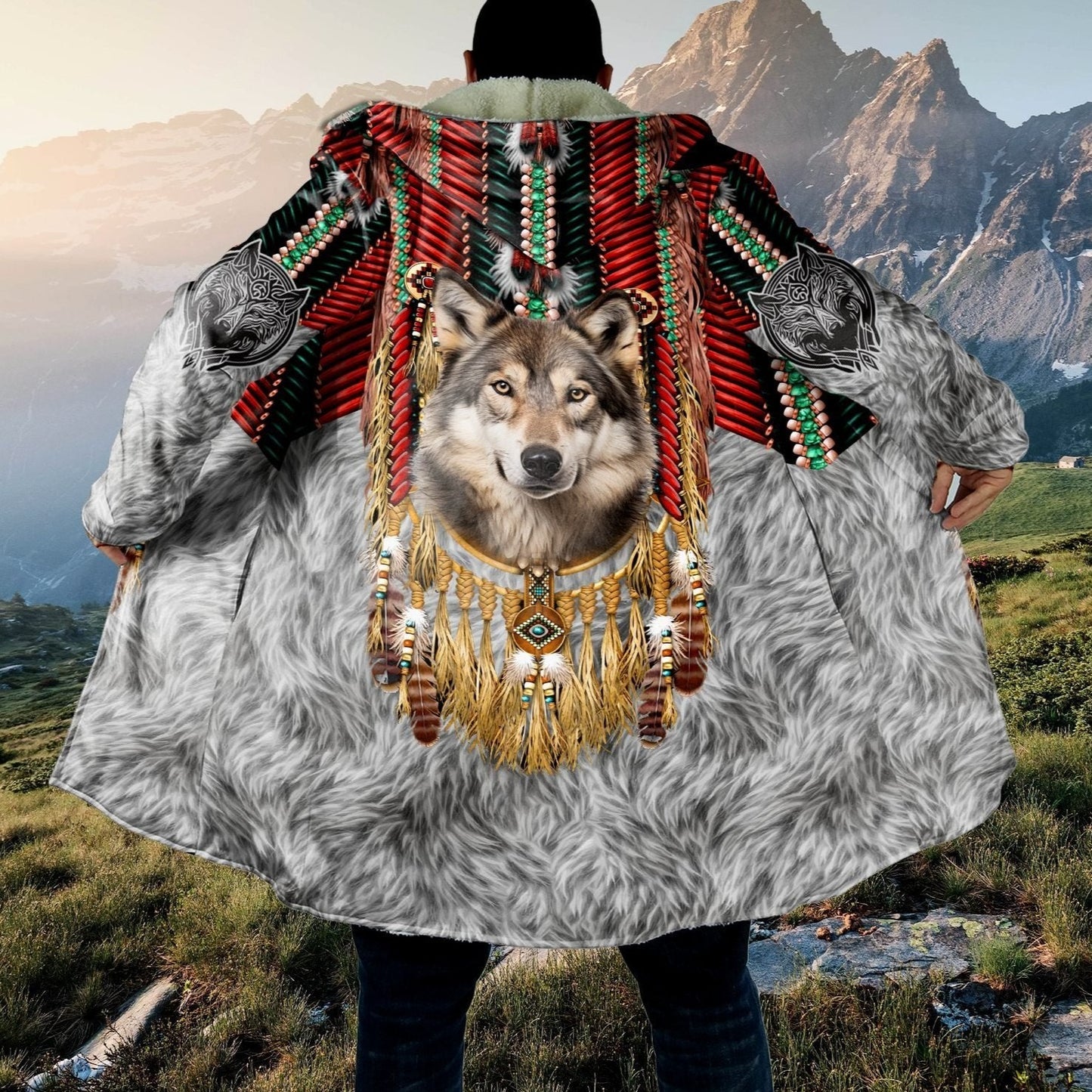 Native America Wolf Cloak, 3D Over Printed Cloak