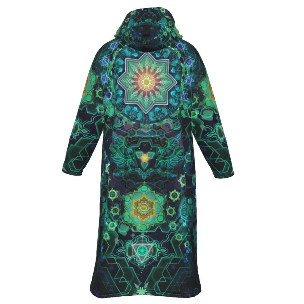 Yantric Geometry Zip-Up Cloak, Sacred Mandala Zip-Up Cloak Robe for Men & Women, Green Psychedelic Spiritual Zip-Up Cloak with Fleece Lining