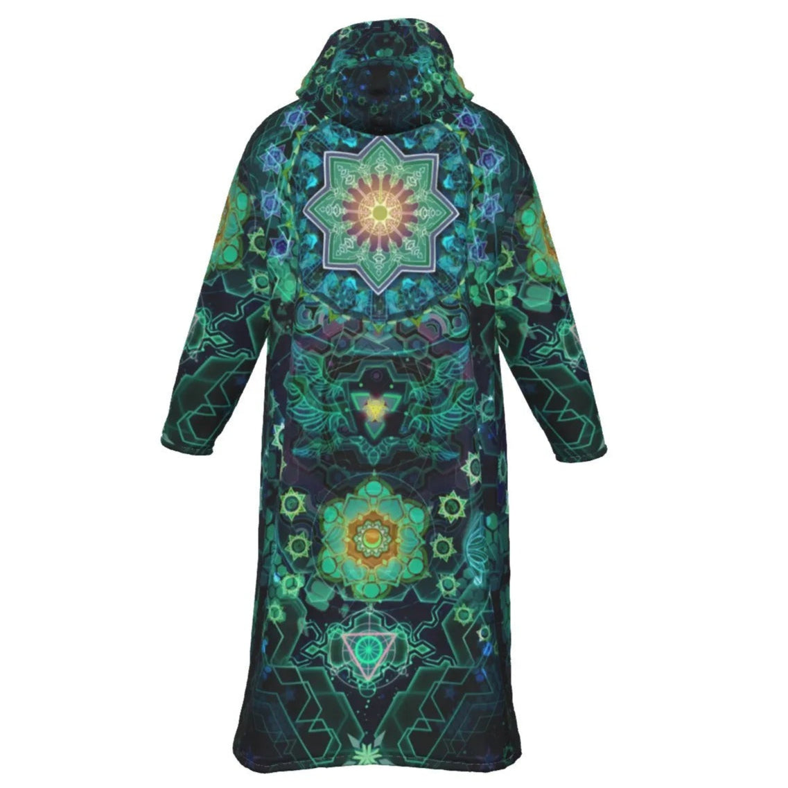 Yantric Geometry Zip-Up Cloak, Sacred Mandala Zip-Up Cloak Robe for Men & Women, Green Psychedelic Spiritual Zip-Up Cloak with Fleece Lining