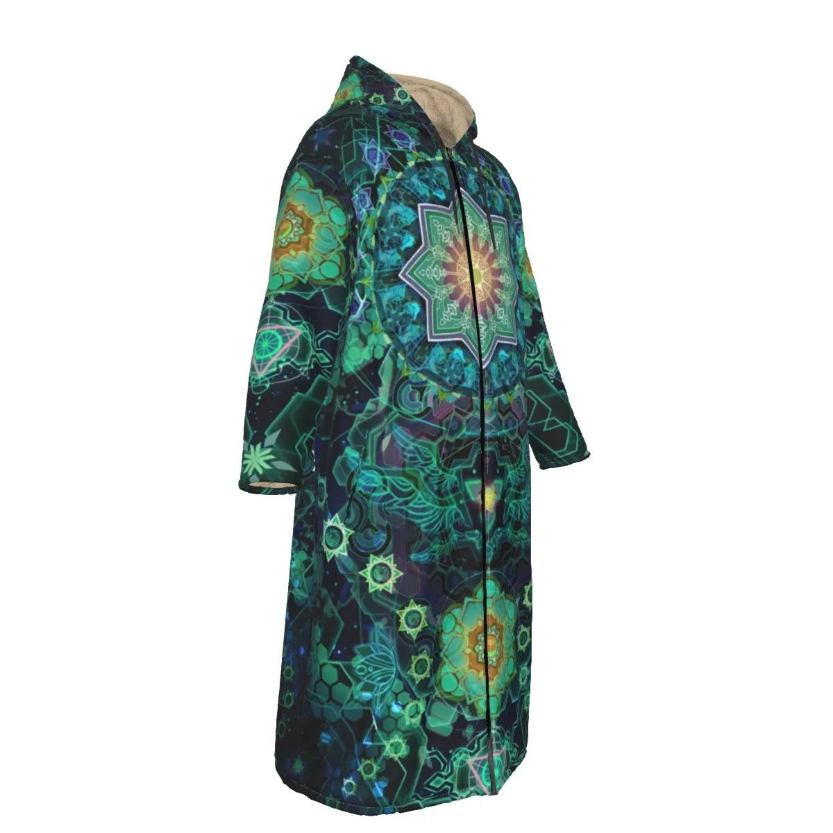 Yantric Geometry Zip-Up Cloak, Sacred Mandala Zip-Up Cloak Robe for Men & Women, Green Psychedelic Spiritual Zip-Up Cloak with Fleece Lining