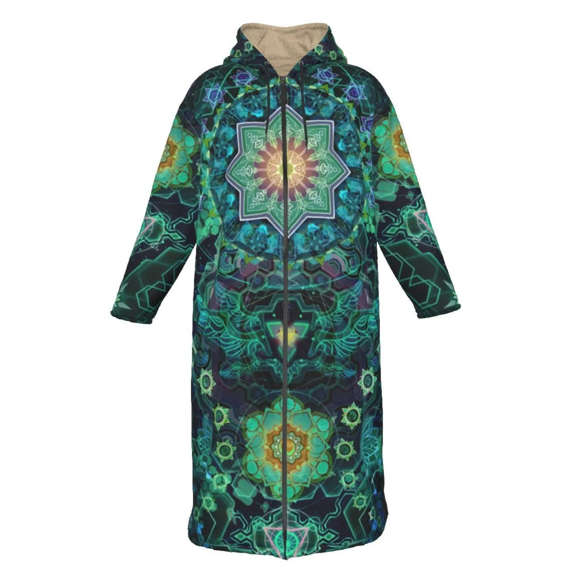 Yantric Geometry Zip-Up Cloak, Sacred Mandala Zip-Up Cloak Robe for Men & Women, Green Psychedelic Spiritual Zip-Up Cloak with Fleece Lining