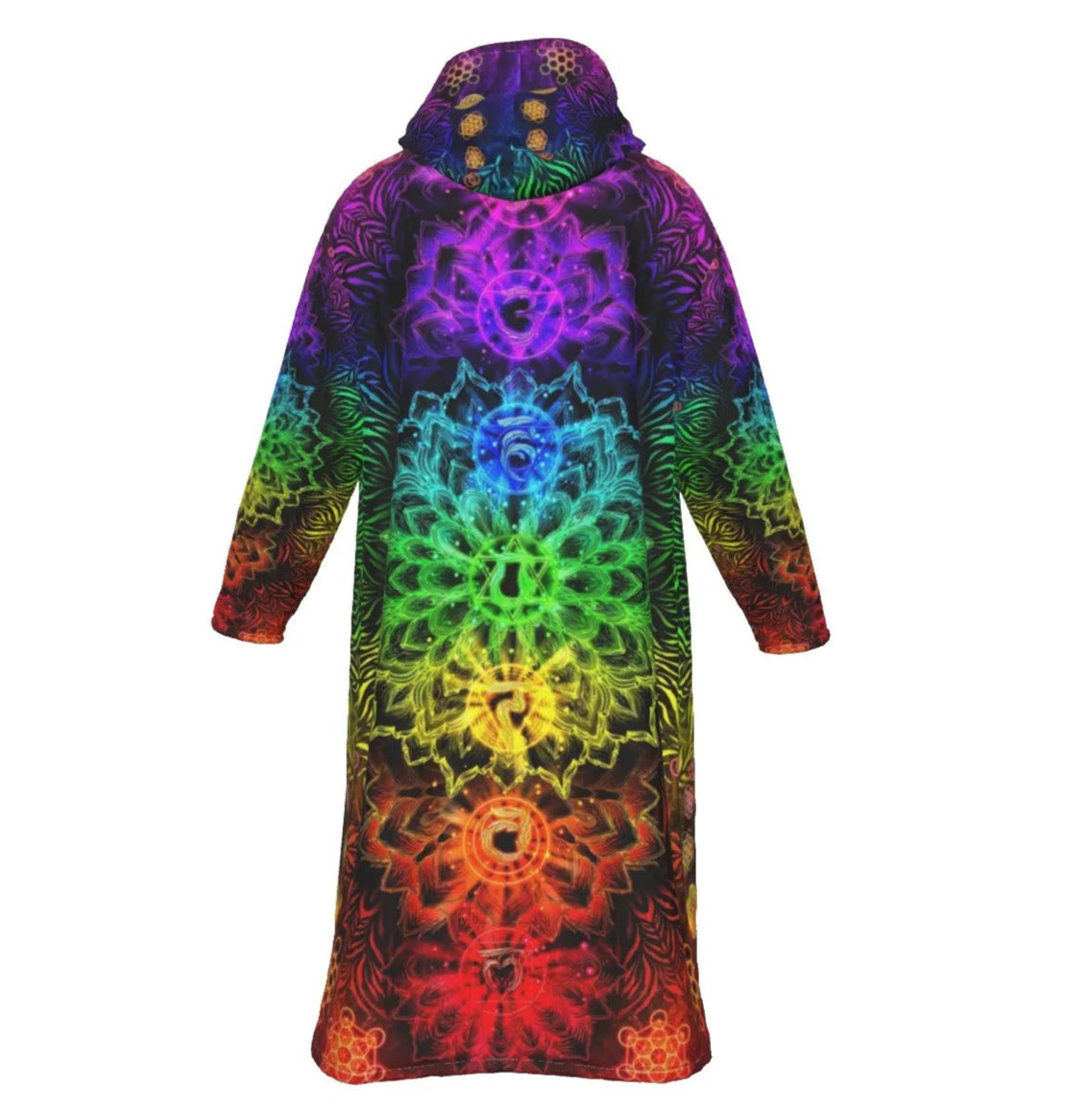 Sacred Chakras Zip-up Cloak – Rainbow Spiritual Hoodie Robe with Chakra Symbols, Psychedelic Zip-up Cloak for Men & Women