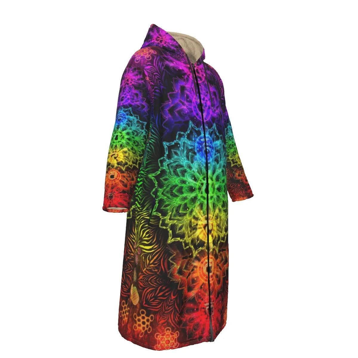 Sacred Chakras Zip-up Cloak – Rainbow Spiritual Hoodie Robe with Chakra Symbols, Psychedelic Zip-up Cloak for Men & Women