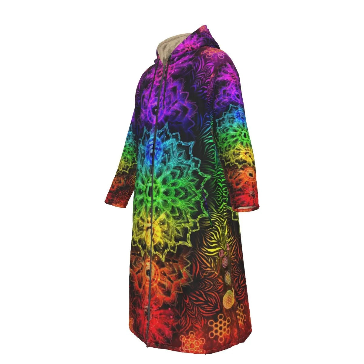 Sacred Chakras Zip-up Cloak – Rainbow Spiritual Hoodie Robe with Chakra Symbols, Psychedelic Zip-up Cloak for Men & Women