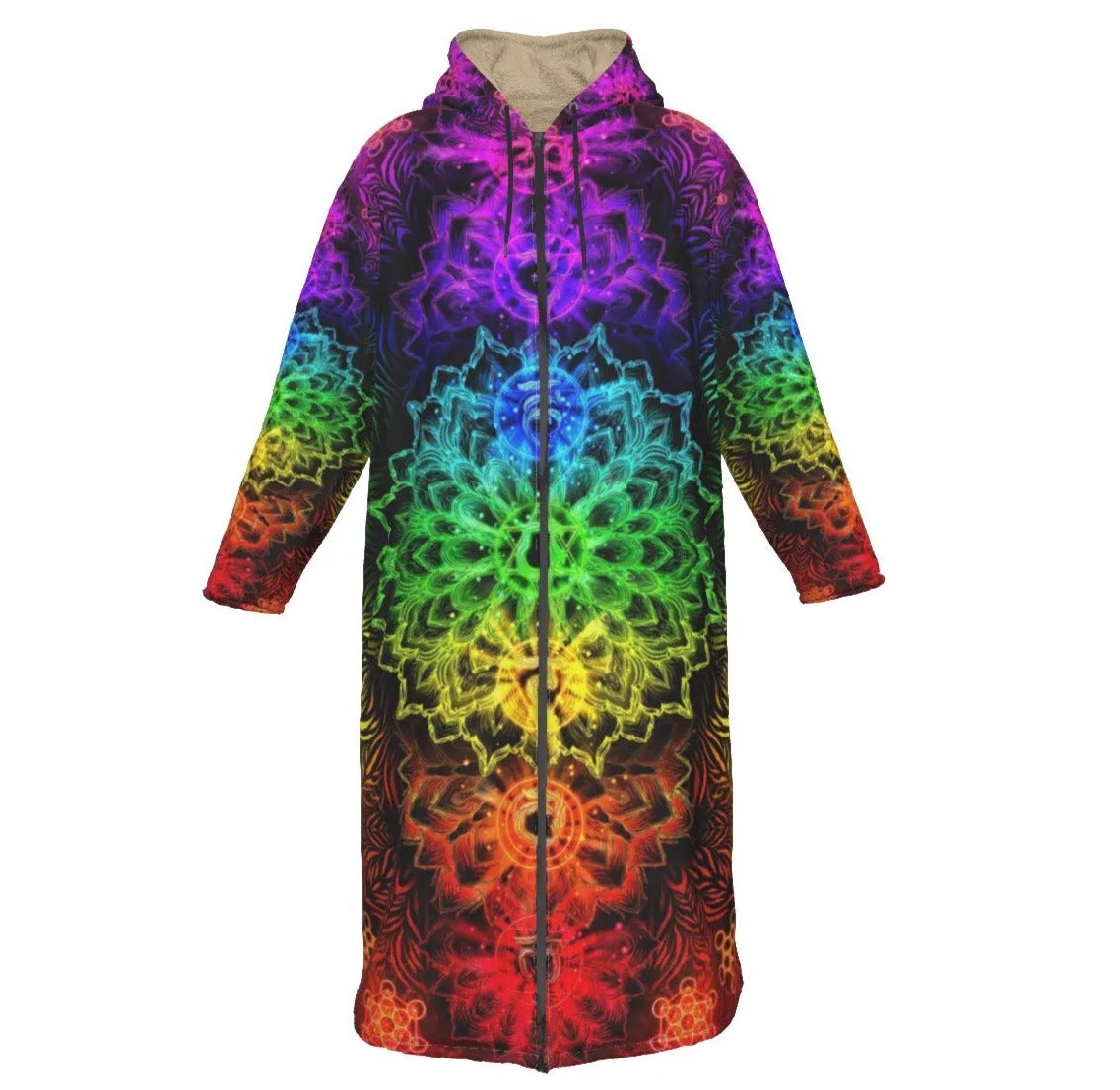 Sacred Chakras Zip-up Cloak – Rainbow Spiritual Hoodie Robe with Chakra Symbols, Psychedelic Zip-up Cloak for Men & Women