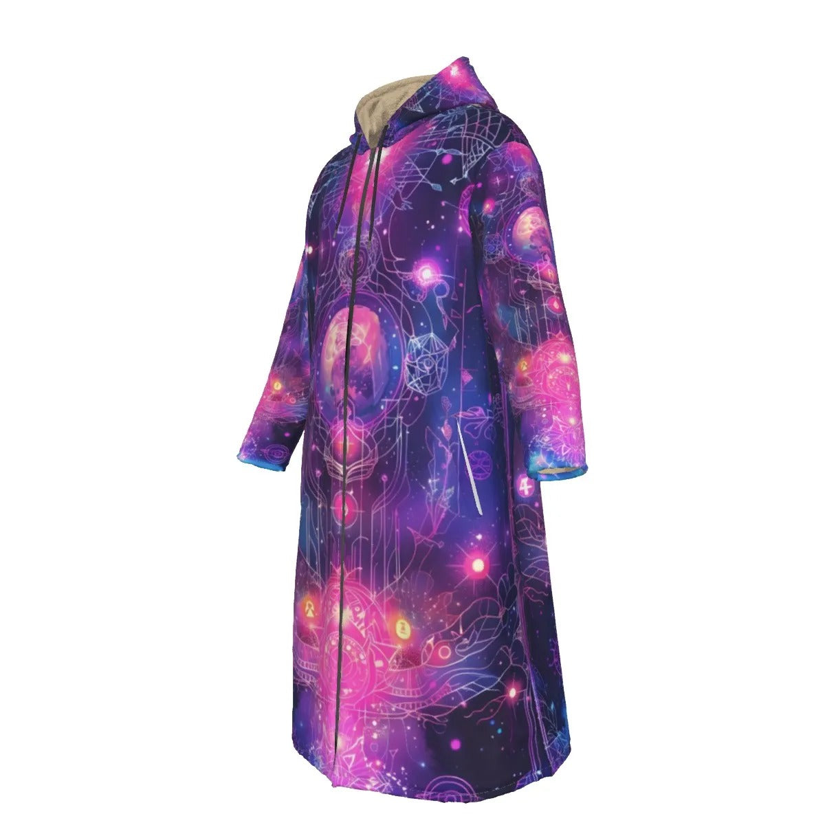 Cosmic Mysticism Zip-up Cloak, Psychedelic Zip Robe with Chakra Energy Design, Long Spiritual Festival  Zip-up Cloak for Men & Women