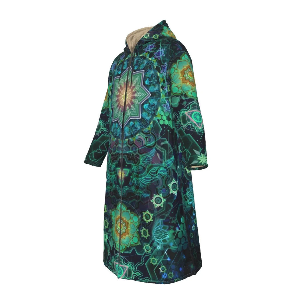Yantric Geometry Zip-Up Cloak, Sacred Mandala Zip-Up Cloak Robe for Men & Women, Green Psychedelic Spiritual Zip-Up Cloak with Fleece Lining